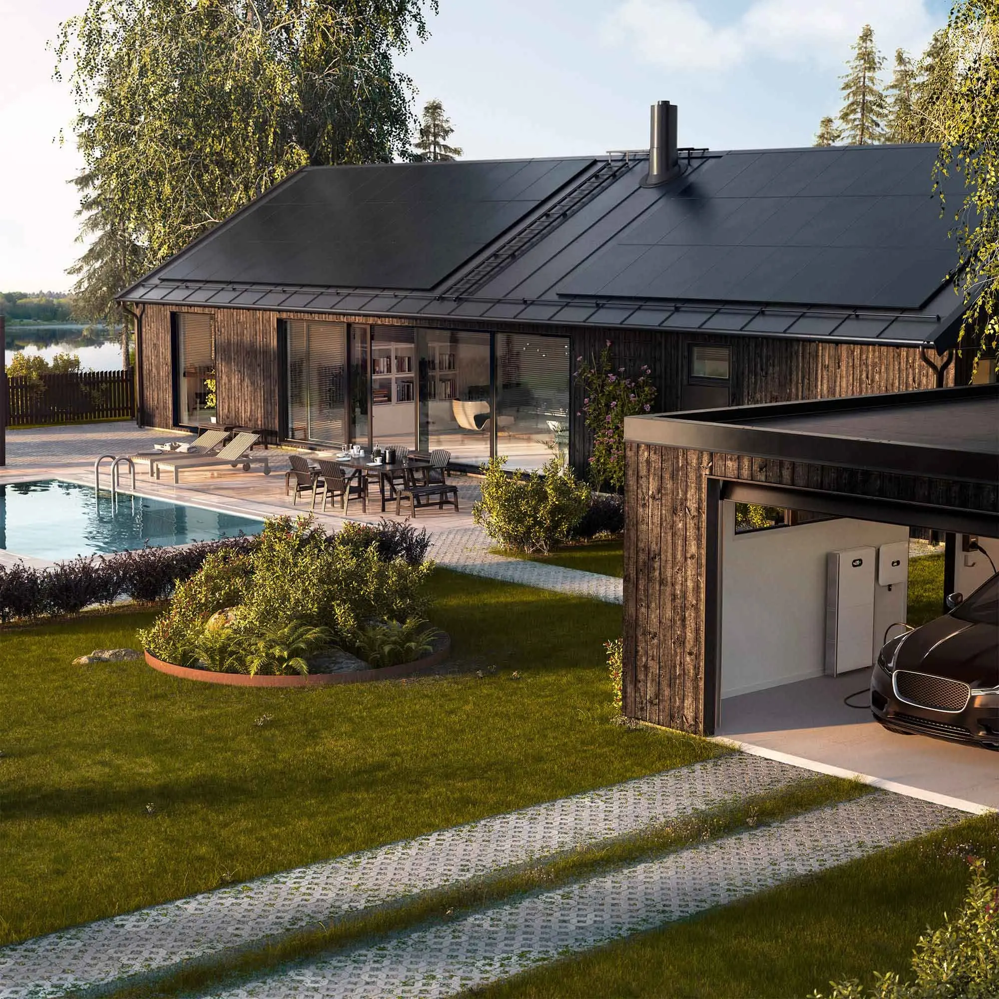 Hus med solceller och garage med batteri - svea solar